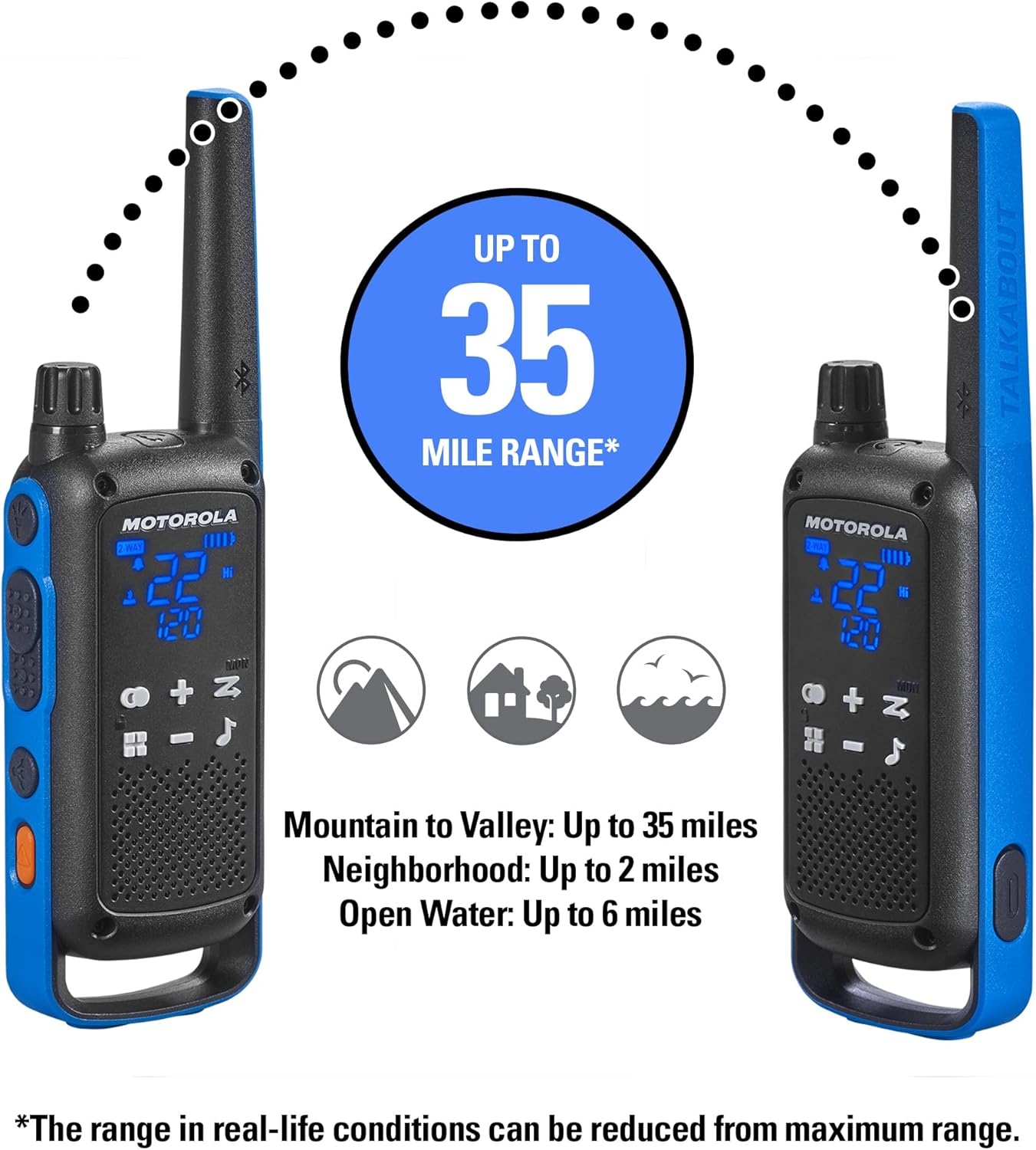 Motorola Solutions, Portable FRS, T802, Talkabout, Two-Way Radios Walkie Talkie Emergency Preparedness, Rechargable, 22 Channel, 35 Mile, Black W/Blue, 2 Pack - Image 5