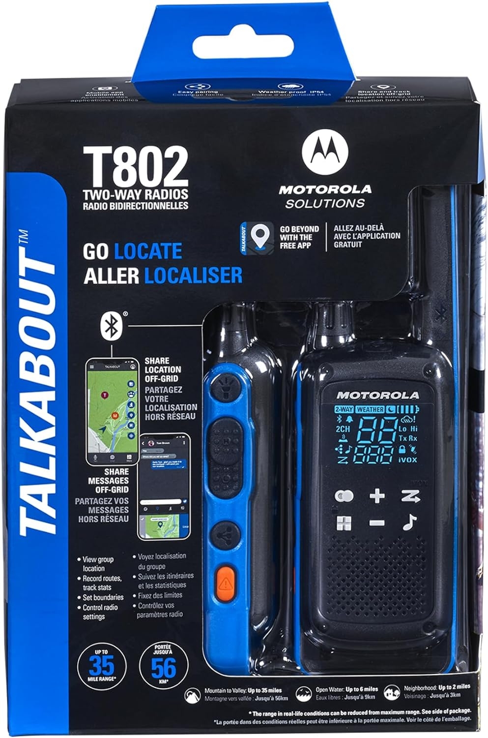 Motorola Solutions, Portable FRS, T802, Talkabout, Two-Way Radios Walkie Talkie Emergency Preparedness, Rechargable, 22 Channel, 35 Mile, Black W/Blue, 2 Pack - Image 7