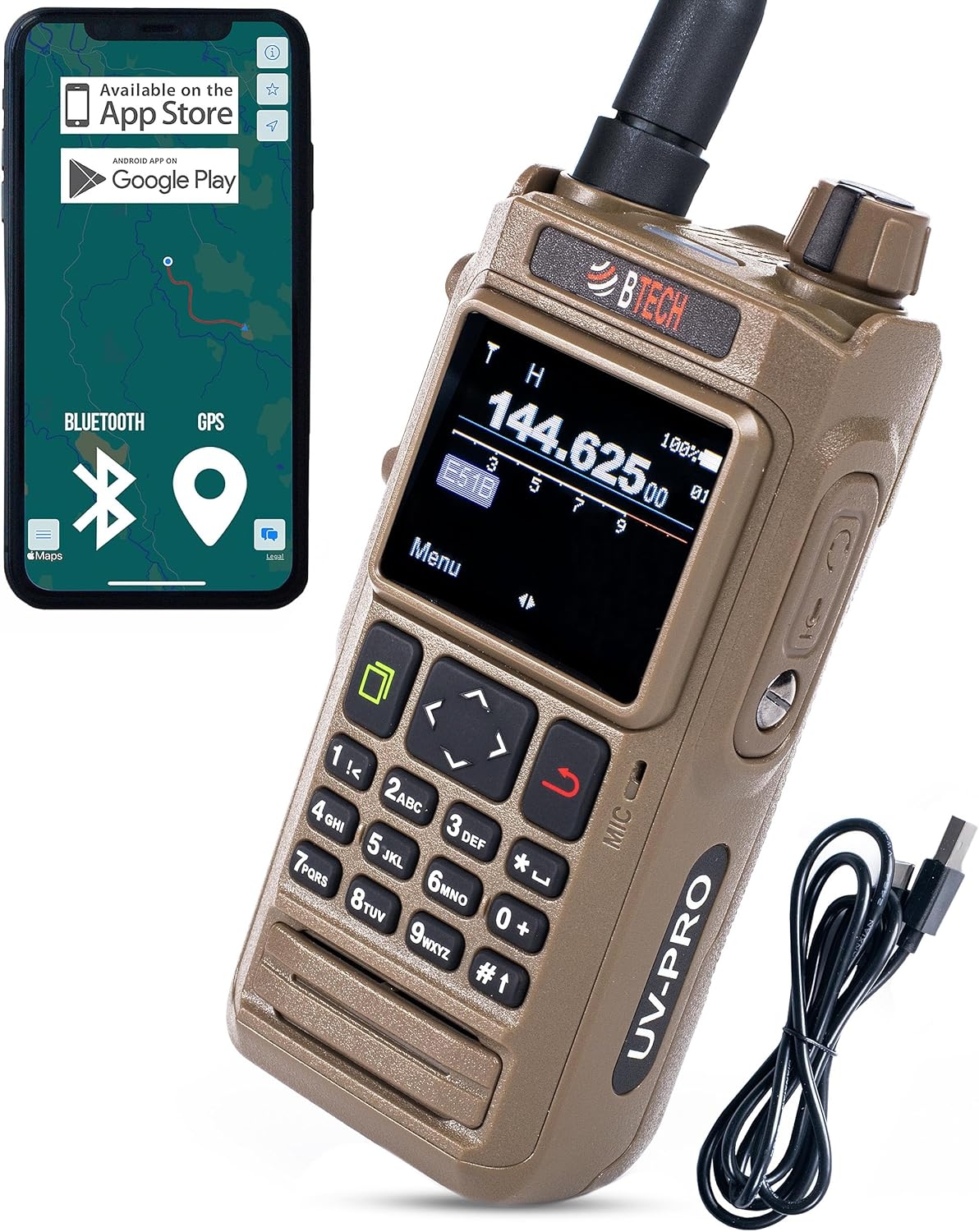 BTECH UV-PRO (TAN) IP67 Dual Band VHF/UHF Two-Way Radio | Bluetooth, GPS, APRS, USB-C, NOAA Alerts, Aviation RX, App Text Messaging